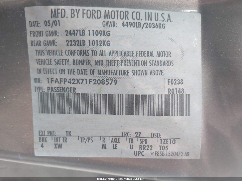 1FAFP42X71F208579 2001 FORD MUSTANG photo no. 9