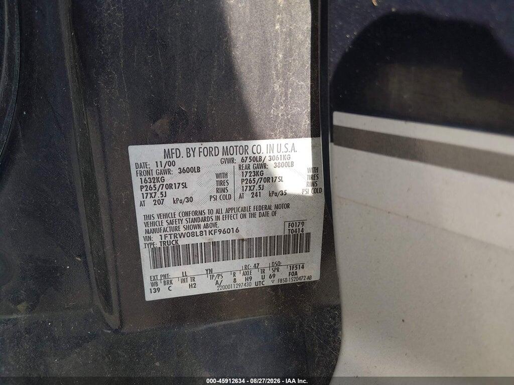 1FTRW08L81KF96016 2001 FORD F-150 photo no. 9