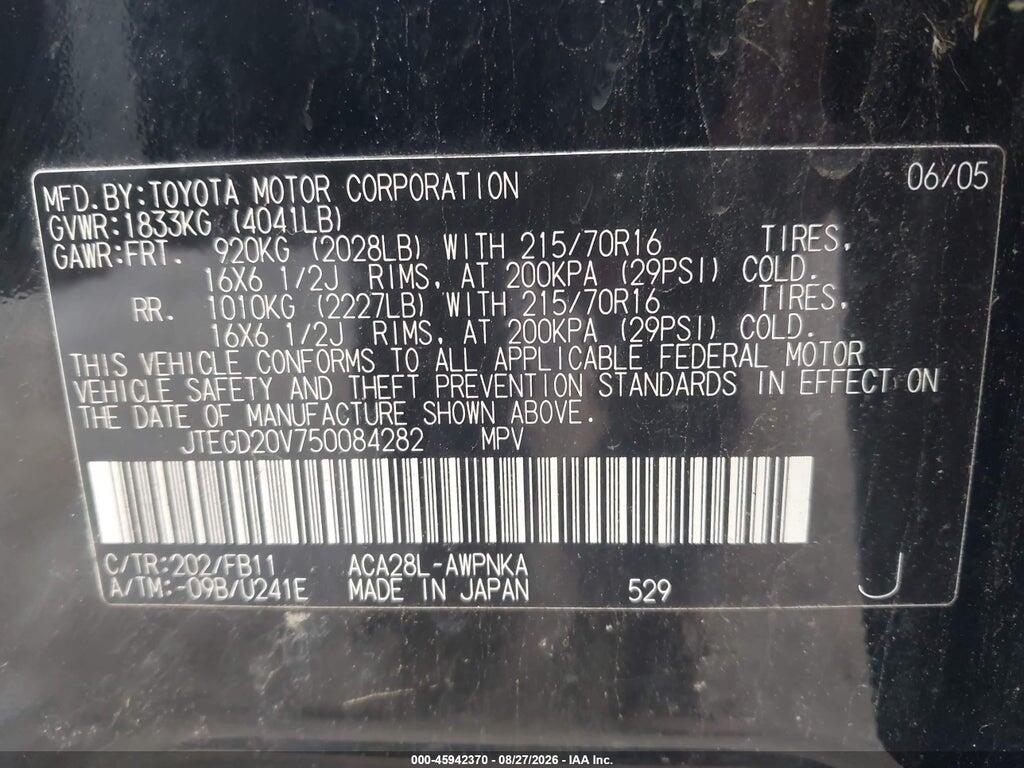 JTEGD20V750084282 2005 TOYOTA RAV4 photo no. 9