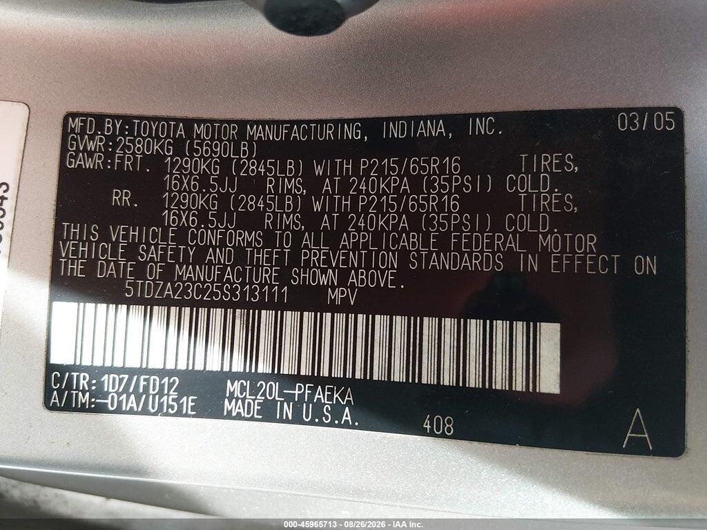 5TDZA23C25S313111 2005 TOYOTA SIENNA photo no. 9