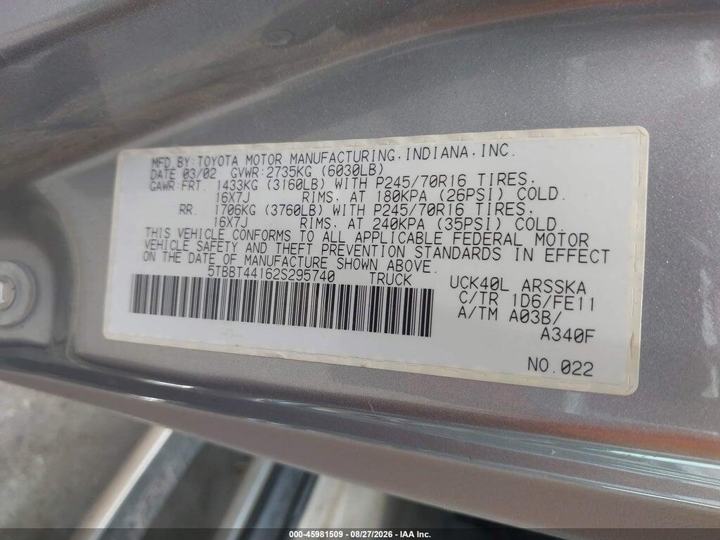 5TBBT44162S295740 2002 TOYOTA TUNDRA photo no. 9