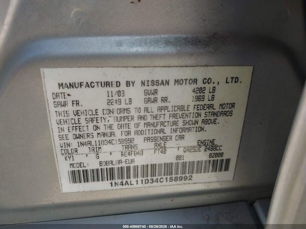 1N4AL11D34C158992 2004 NISSAN ALTIMA photo no. 9