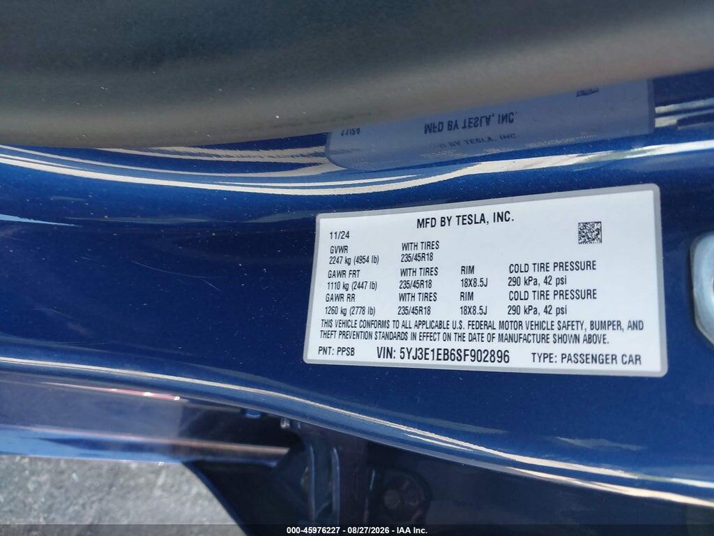 5YJ3E1EB6SF902896 2025 TESLA MODEL 3 photo no. 9