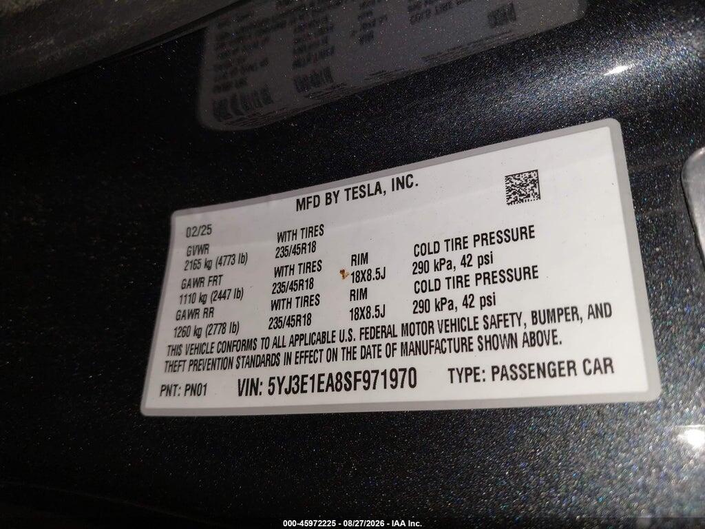5YJ3E1EA8SF971970 2025 TESLA MODEL 3 photo no. 9
