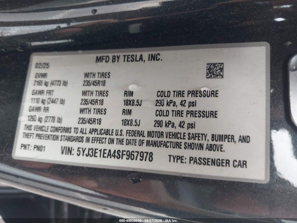 5YJ3E1EA4SF967978 2025 TESLA MODEL 3 photo no. 9