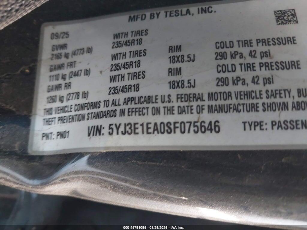 5YJ3E1EA0SF075646 2025 TESLA MODEL 3 photo no. 9