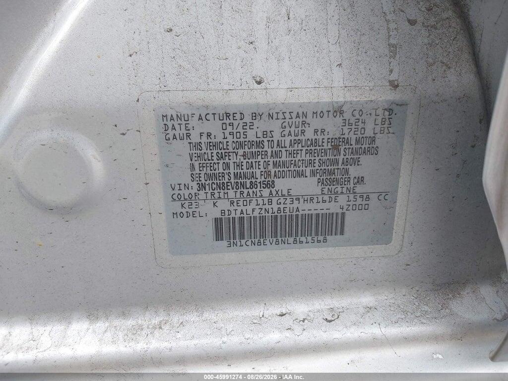 3N1CN8EV8NL861568 2022 NISSAN VERSA photo no. 9