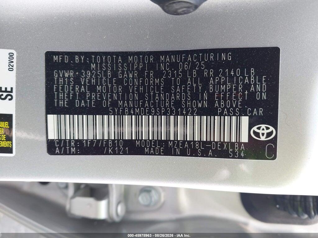5YFB4MDE9SP331422 2025 TOYOTA COROLLA photo no. 9
