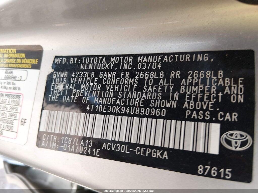 4T1BE30K94U890960 2004 TOYOTA CAMRY photo no. 9