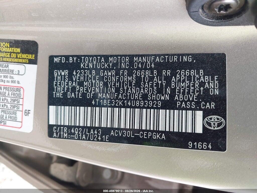 4T1BE32K14U893929 2004 TOYOTA CAMRY photo no. 9