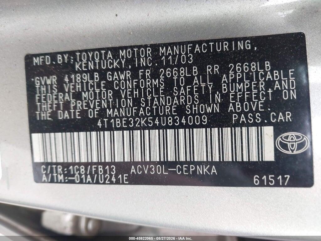 4T1BE32K54U834009 2004 TOYOTA CAMRY photo no. 9
