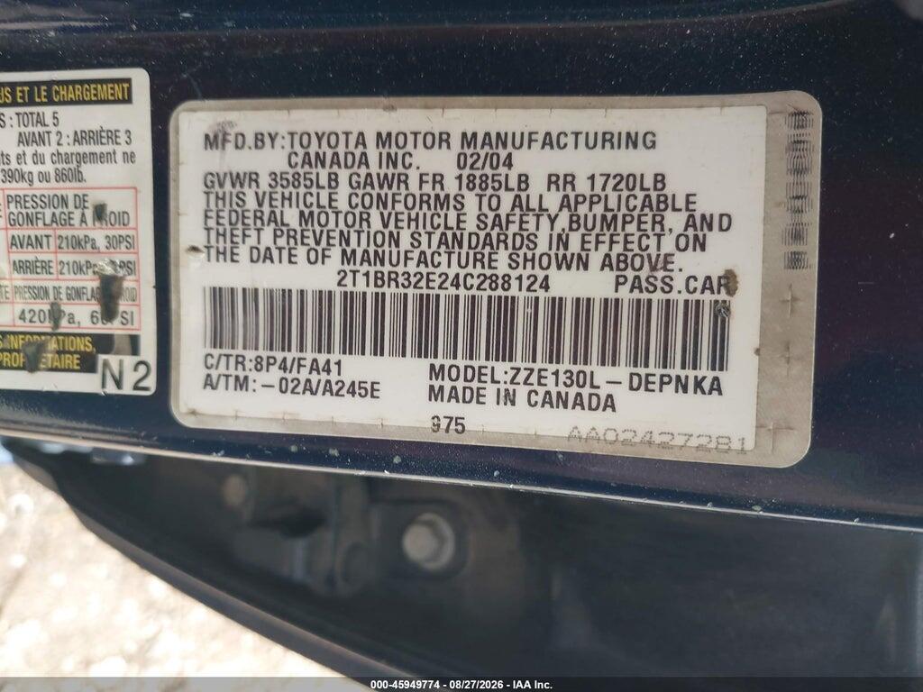 2T1BR32E24C288124 2004 TOYOTA COROLLA photo no. 9