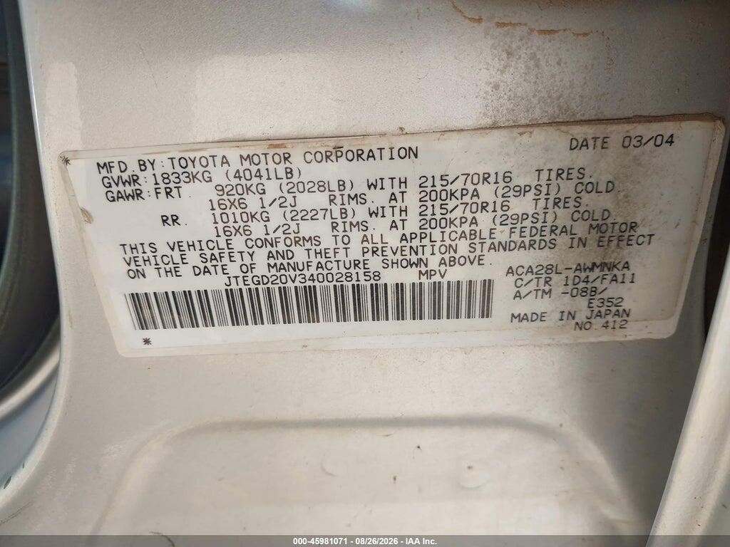 JTEGD20V340028158 2004 TOYOTA RAV4 photo no. 9