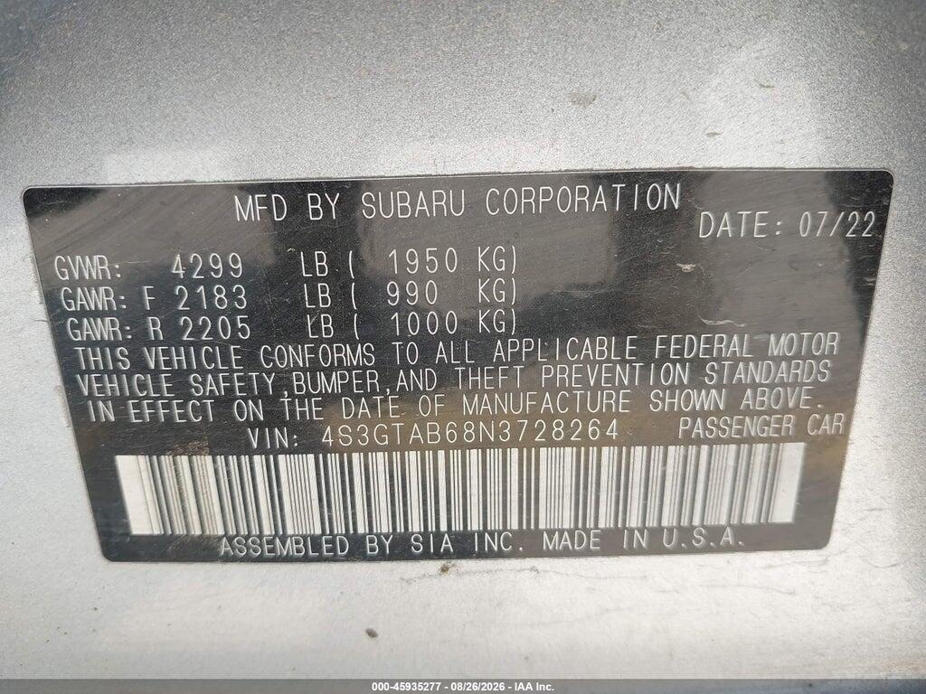 4S3GTAB68N3728264 2022 SUBARU IMPREZA photo no. 9