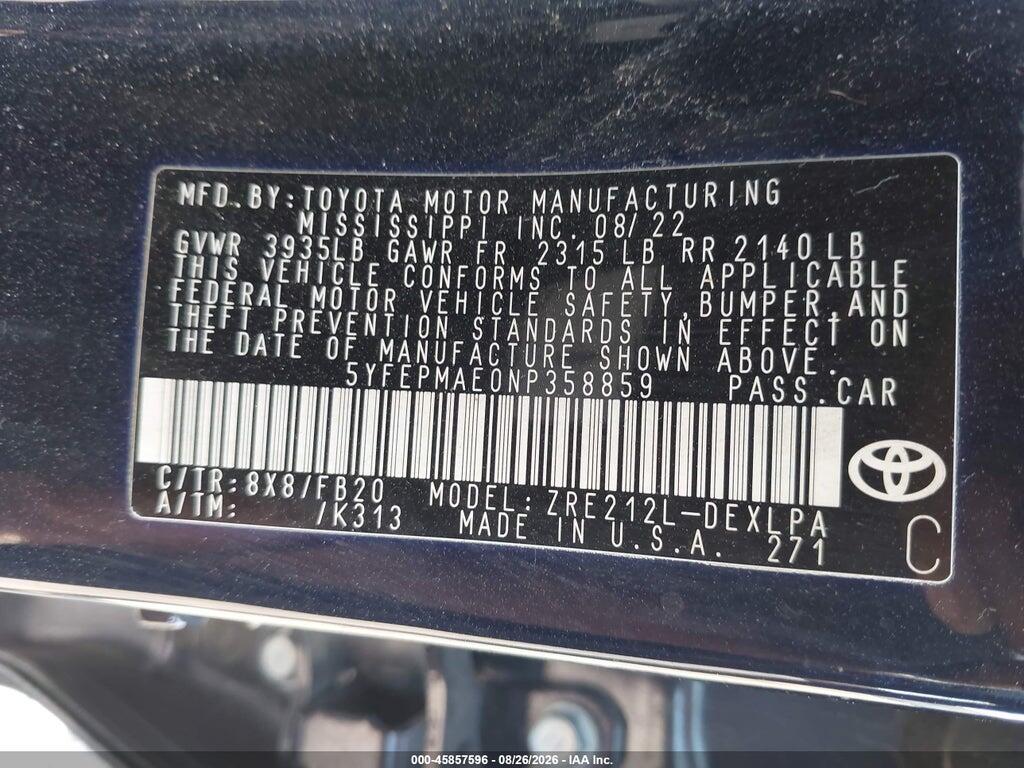 5YFEPMAE0NP358859 2022 TOYOTA COROLLA photo no. 9
