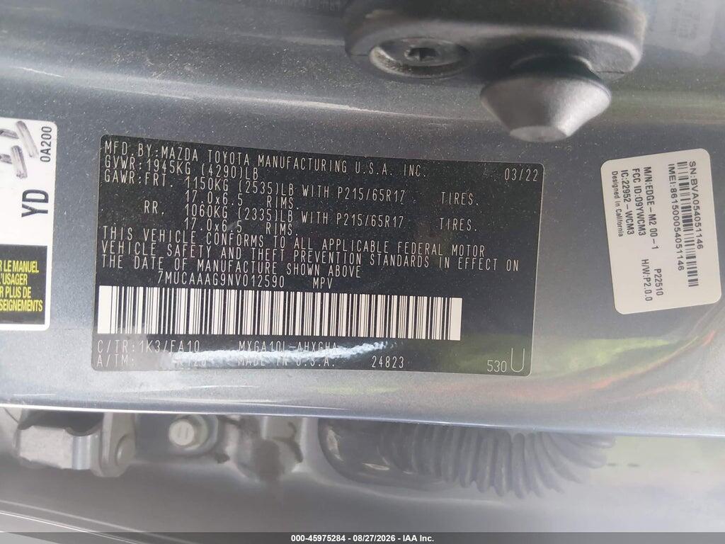 7MUCAAAG9NV012590 2022 TOYOTA COROLLA CROSS photo no. 9