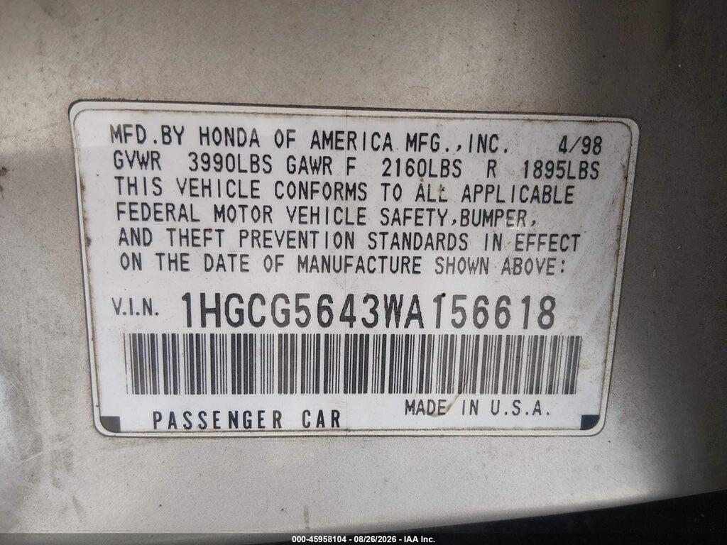 1HGCG5643WA156618 1998 HONDA ACCORD photo no. 9