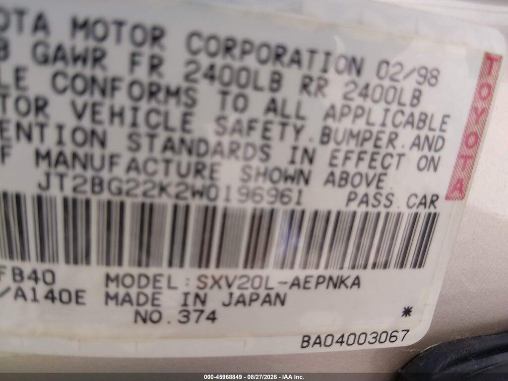 JT2BG22K2W0196961 1998 TOYOTA CAMRY photo no. 9