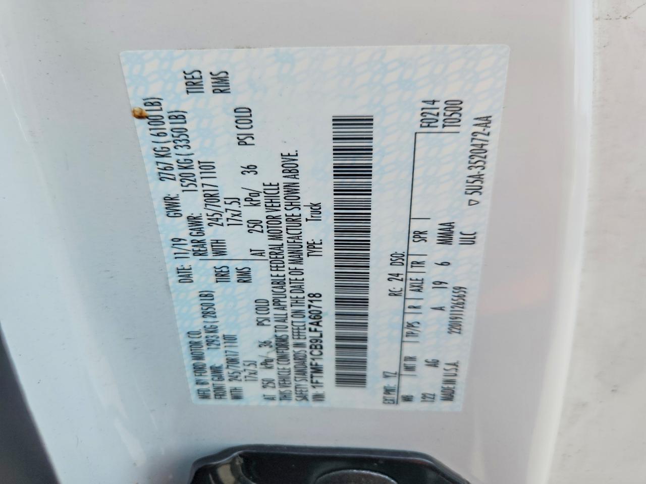 1FTMF1CB9LFA60718 2020 FORD F150 photo no. 12