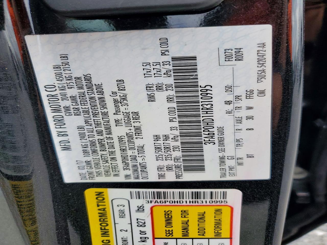 3FA6P0HD1HR310995 2017 FORD FUSION photo no. 12