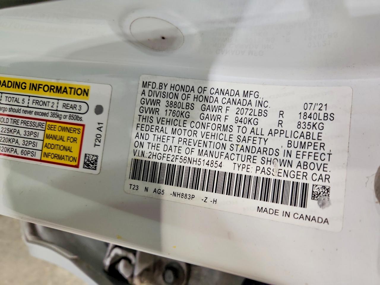 2HGFE2F56NH514854 2022 HONDA CIVIC photo no. 12