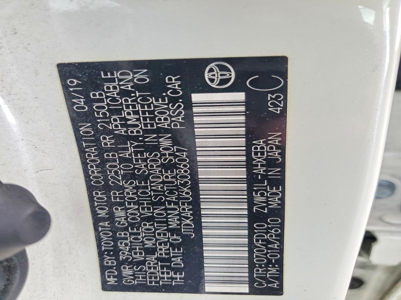 JTDKARFU6K3086047 2019 TOYOTA PRIUS photo no. 12