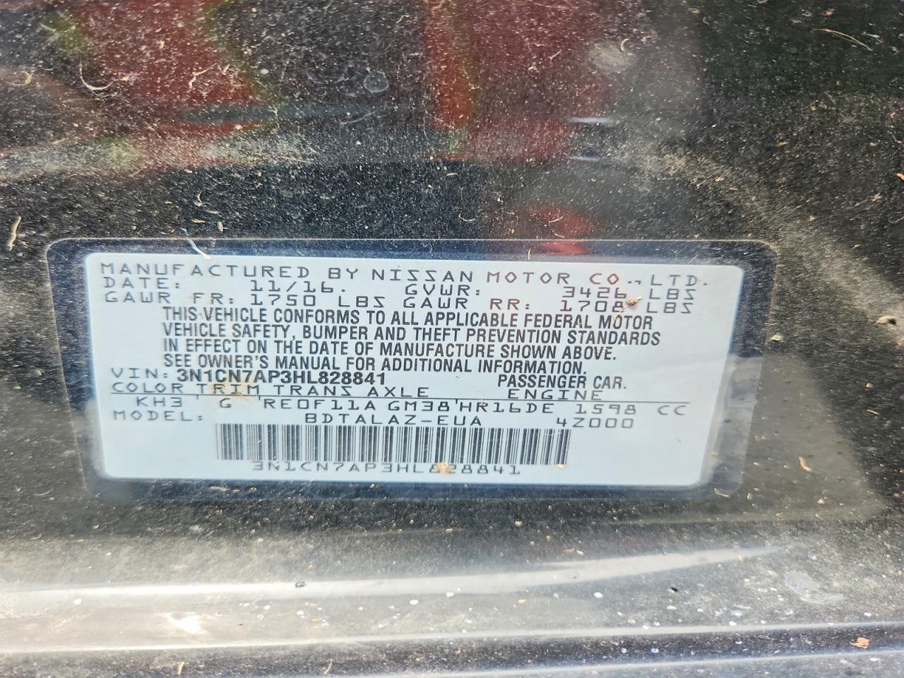 3N1CN7AP3HL828841 2017 NISSAN VERSA photo no. 12
