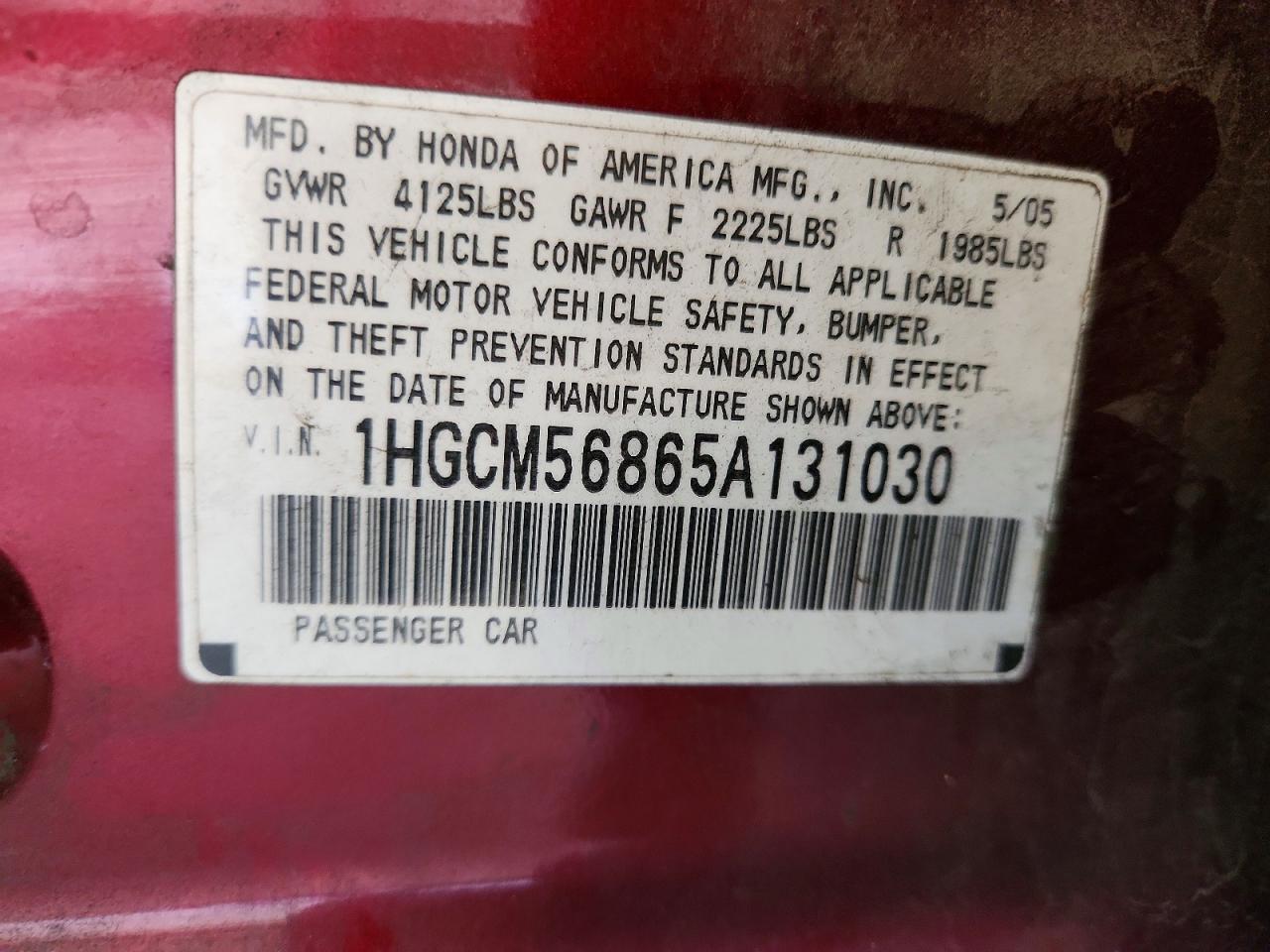 1HGCM56865A131030 2005 HONDA ACCORD photo no. 12