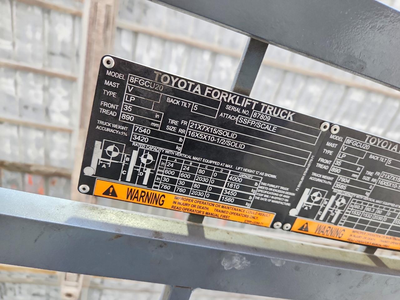 87809 2017 TOYOTA NA-20 FORKLIFT photo no. 10