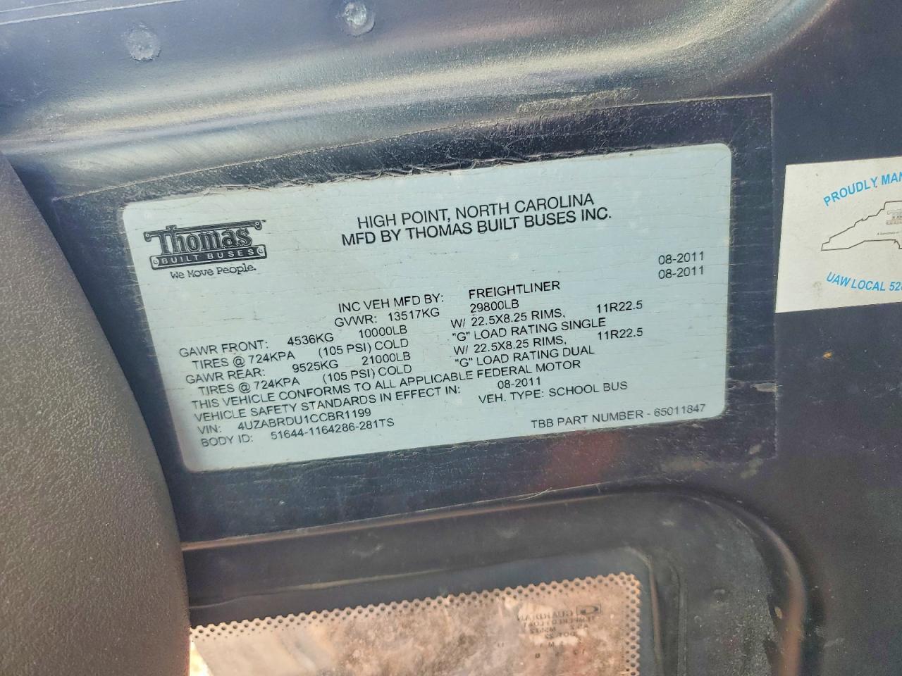 4UZABRDU1CCBR1199 2012 FREIGHTLINER CHASSIS photo no. 12