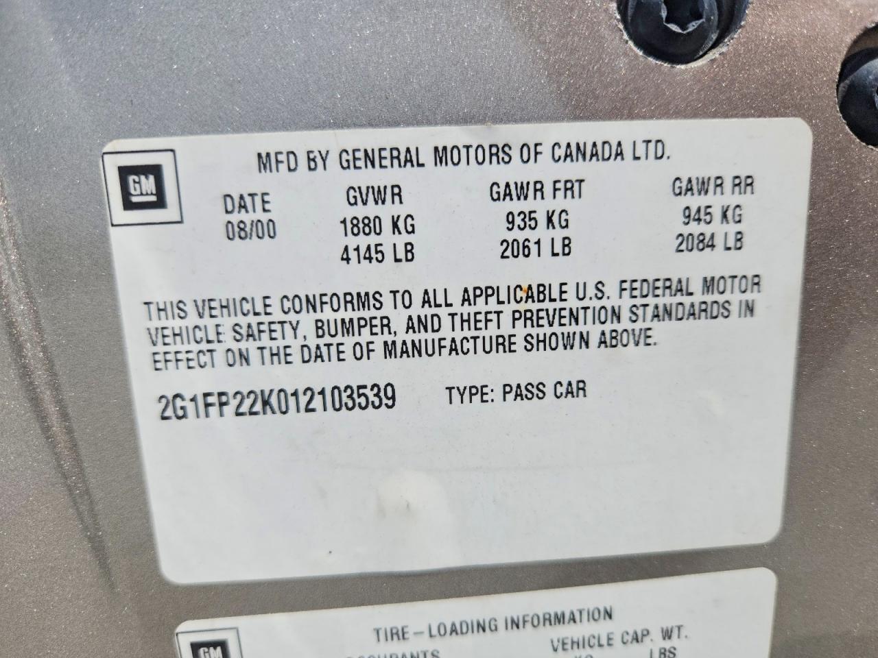 2G1FP22K012103539 2001 CHEVROLET CAMARO photo no. 12