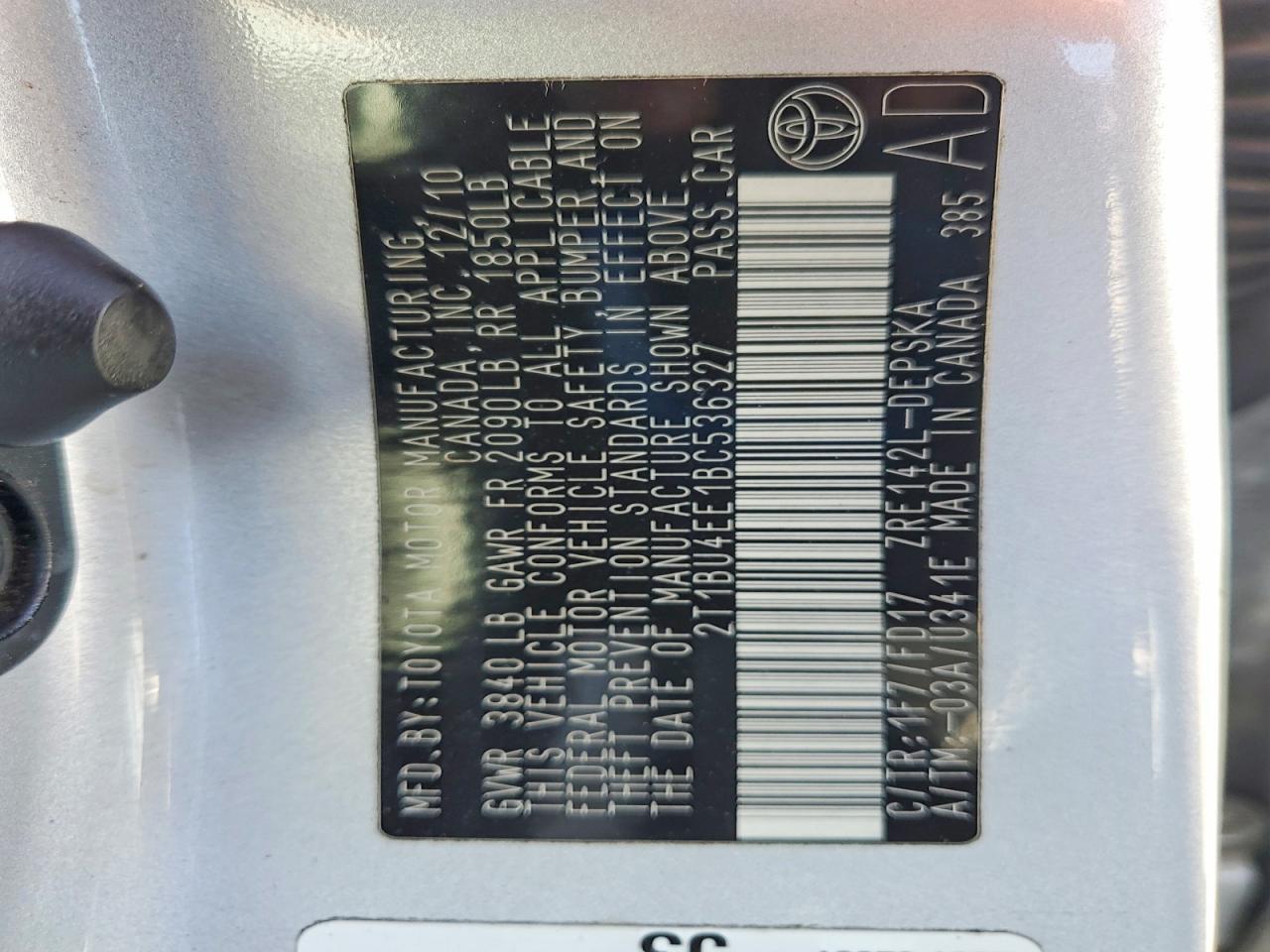 2T1BU4EE1BC536327 2011 TOYOTA COROLLA photo no. 12