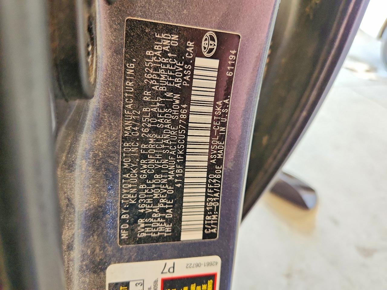4T1BF1FK5CU577864 2012 TOYOTA CAMRY photo no. 12