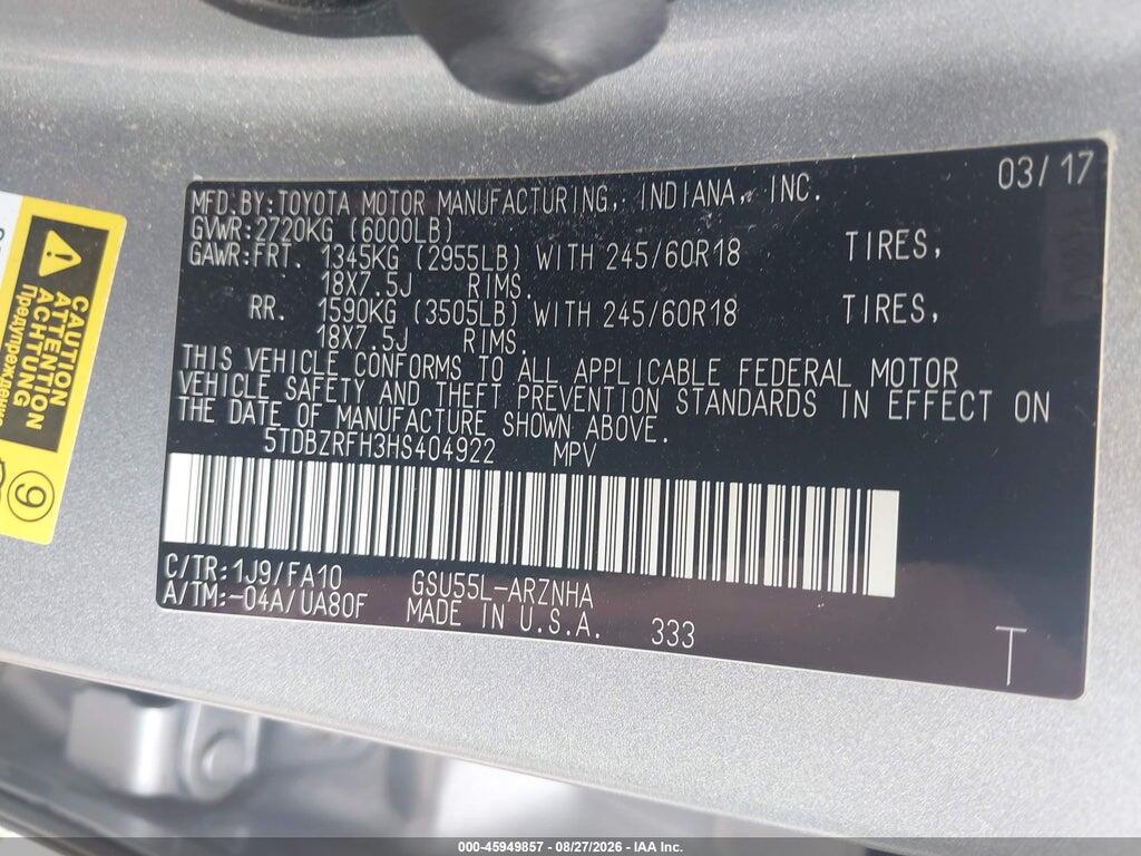 5TDBZRFH3HS404922 2017 TOYOTA HIGHLANDER photo no. 9