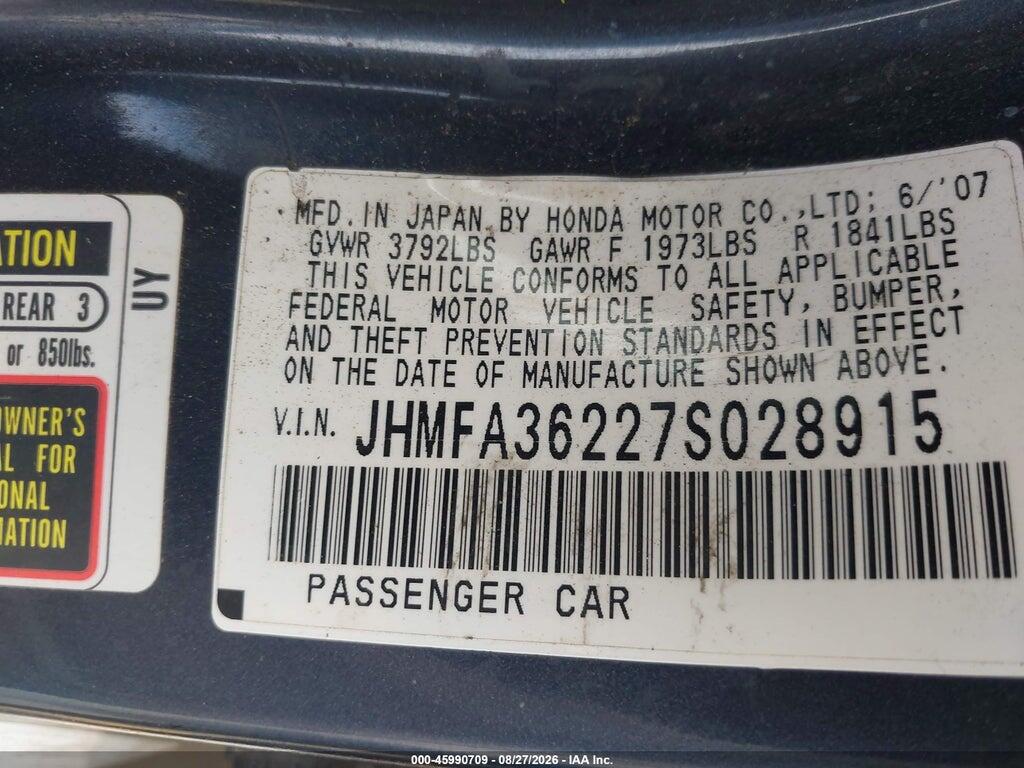 JHMFA36227S028915 2007 HONDA CIVIC HYBRID photo no. 9