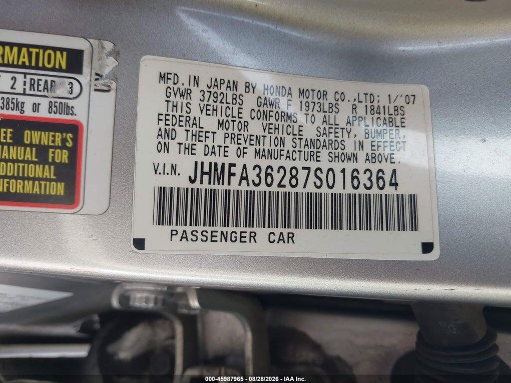 JHMFA36287S016364 2007 HONDA CIVIC HYBRID photo no. 9