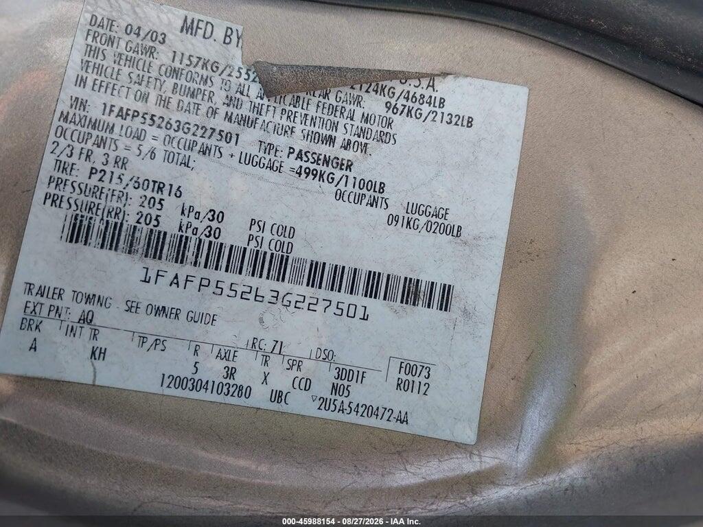 1FAFP55263G227501 2003 FORD TAURUS photo no. 9