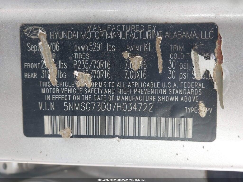5NMSG73D07H034722 2007 HYUNDAI SANTA FE photo no. 9