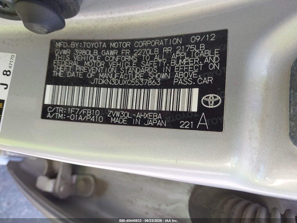 JTDKN3DUXC5537863 2012 TOYOTA PRIUS photo no. 9