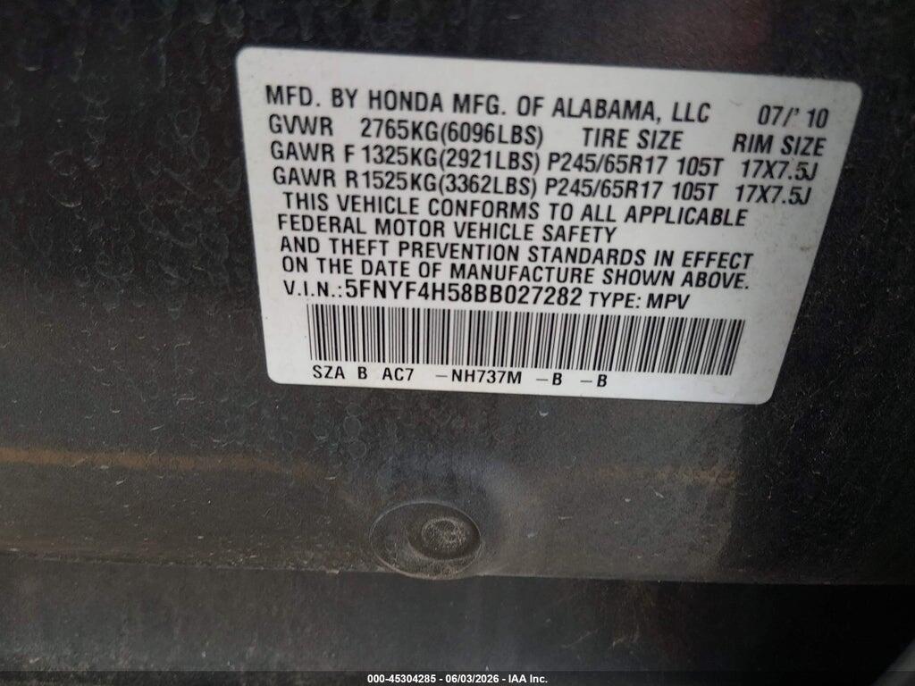 5FNYF4H58BB027282 2011 HONDA PILOT photo no. 9