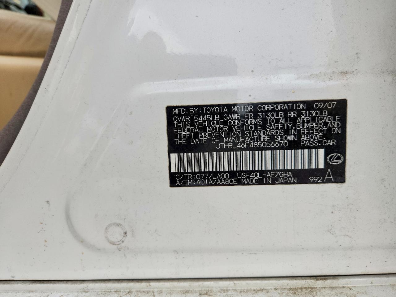 JTHBL46F485056670 2008 LEXUS LS photo no. 12