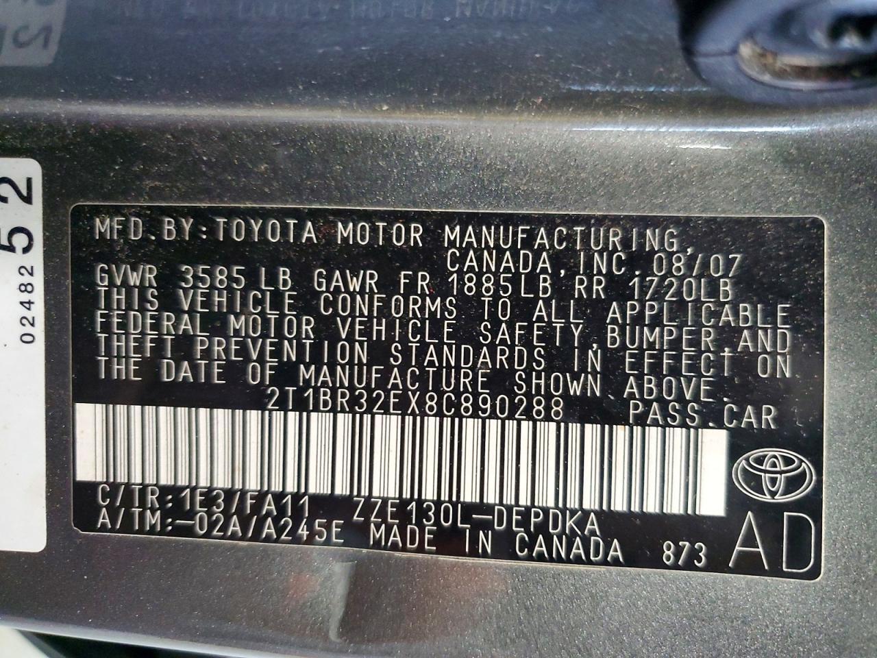 2T1BR32EX8C890288 2008 TOYOTA COROLLA photo no. 12