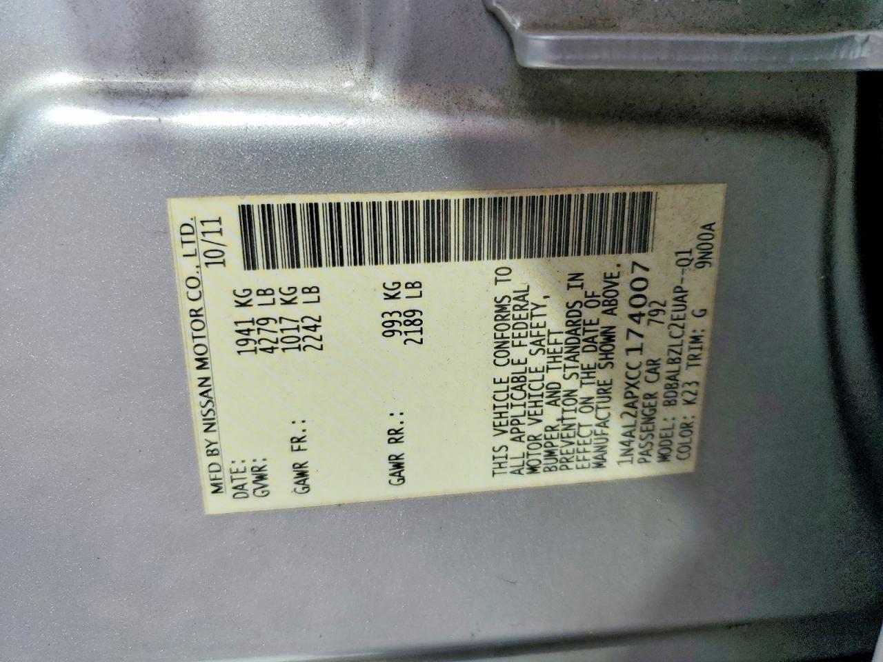 1N4AL2APXCC174007 2012 NISSAN ALTIMA photo no. 12