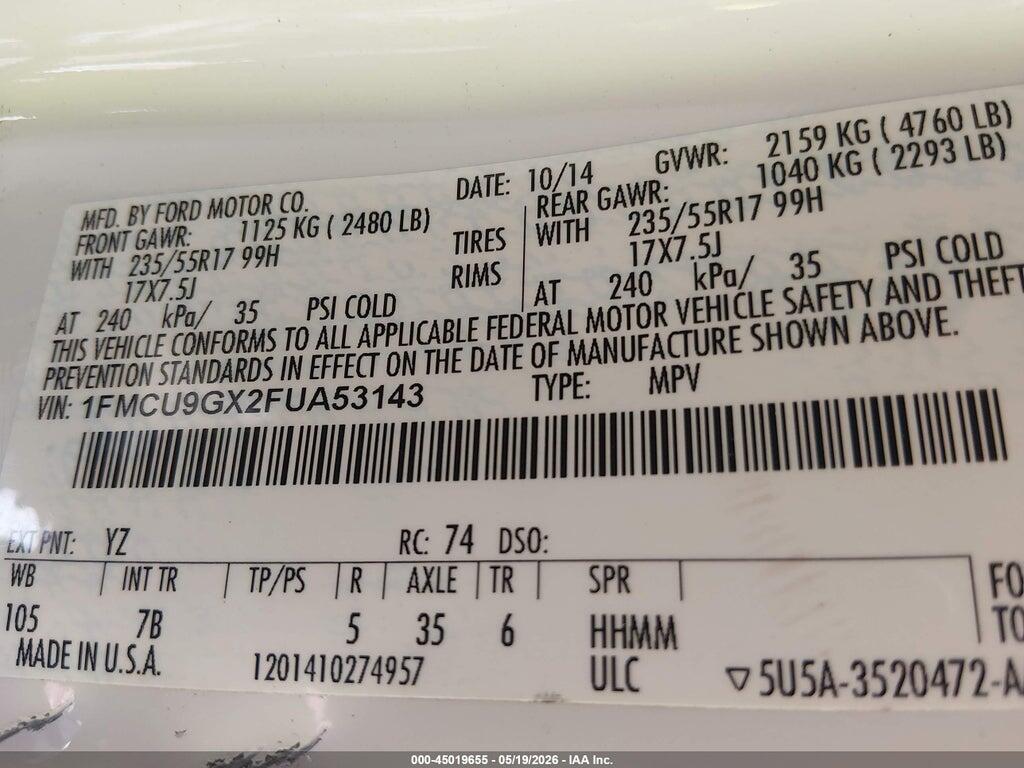 1FMCU9GX2FUA53143 2015 FORD ESCAPE photo no. 9