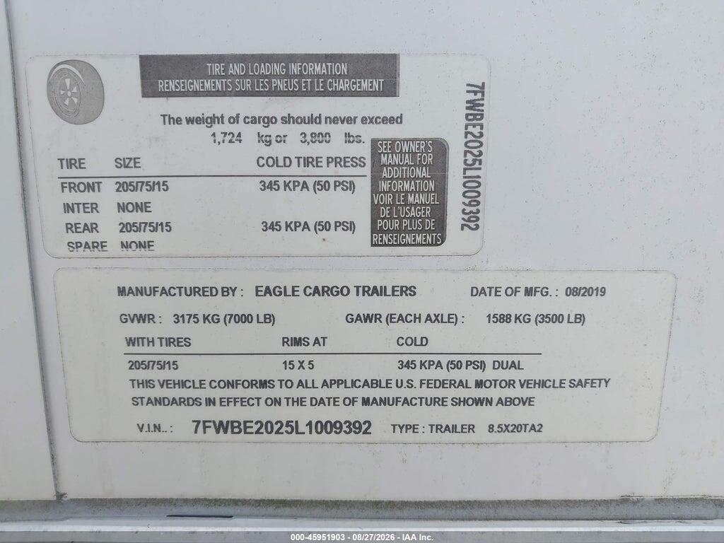 7FWBE2025L1009392 2020 EAGLE CARGO TRAILER photo no. 9