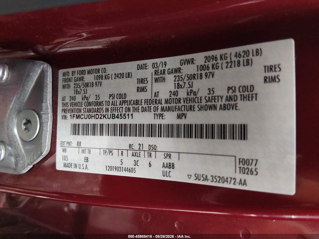 1FMCU0HD2KUB45511 2019 FORD ESCAPE photo no. 9