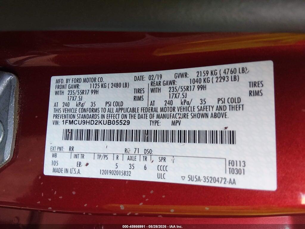 1FMCU9HD2KUB05529 2019 FORD ESCAPE photo no. 9