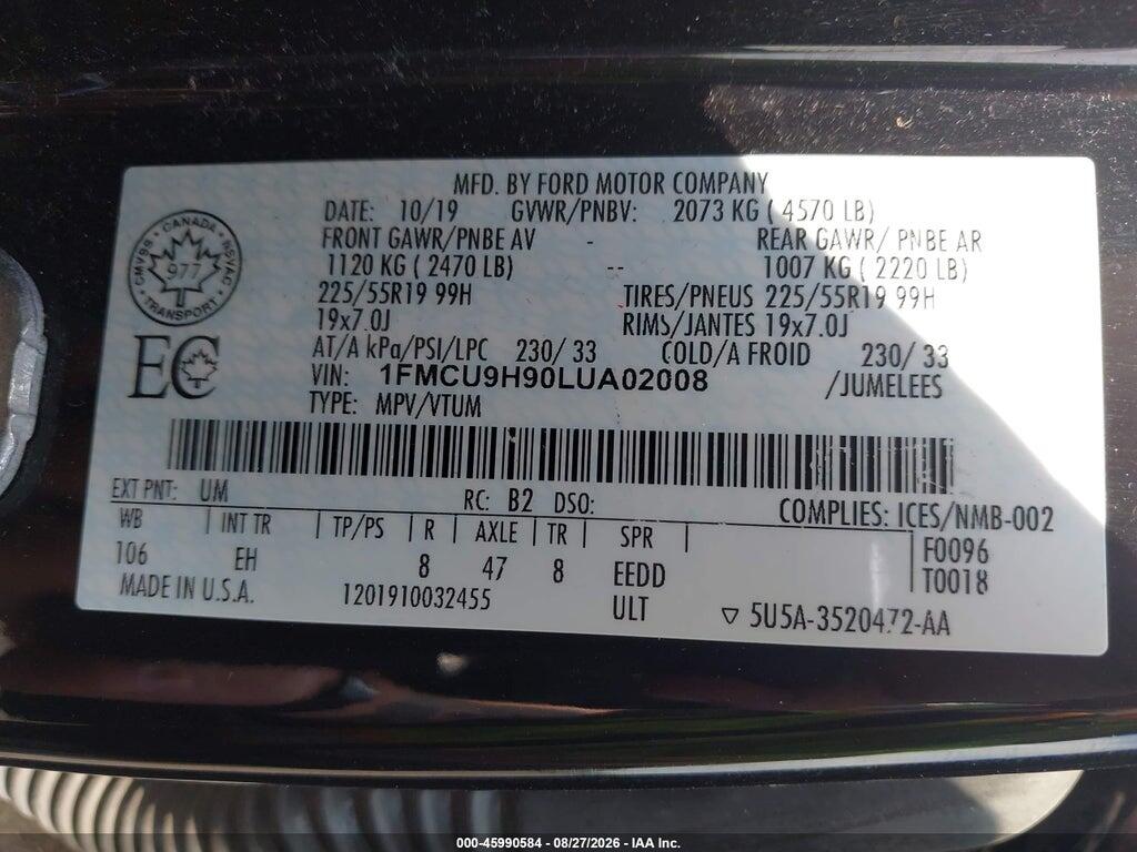 1FMCU9H90LUA02008 2020 FORD ESCAPE photo no. 9