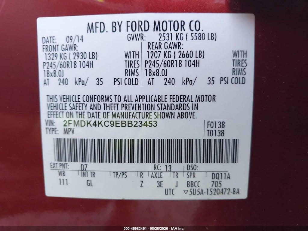 2FMDK4KC9EBB23453 2014 FORD EDGE photo no. 9