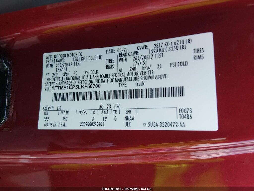 1FTMF1EP5LKF56700 2020 FORD F-150 photo no. 9